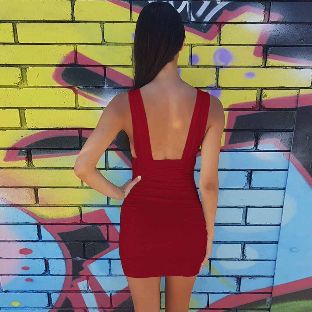 V-Ausschnitt, gerafftes, figurbetontes, trägerloses, klassisches Party-Minikleid - Schwarz