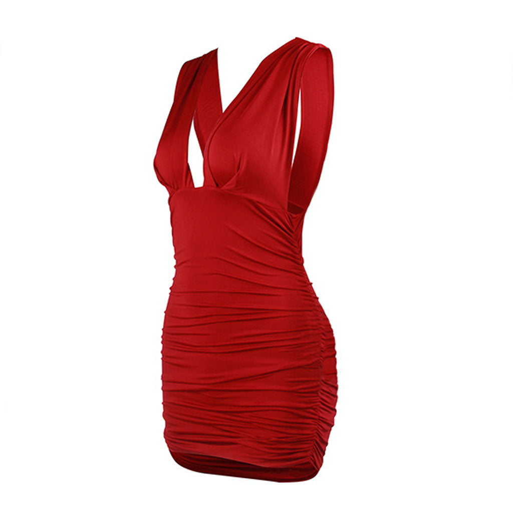 V-Ausschnitt, gerafftes, figurbetontes, trägerloses, klassisches Party-Minikleid - Schwarz