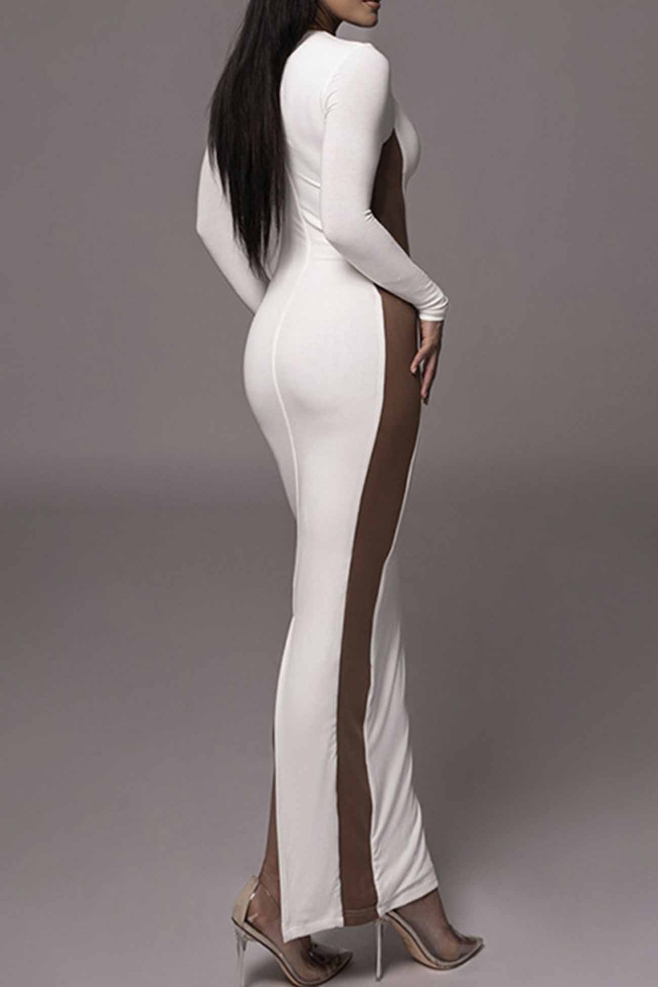 Contrast Crew Neck Long Sleeve Slit Midi Dress