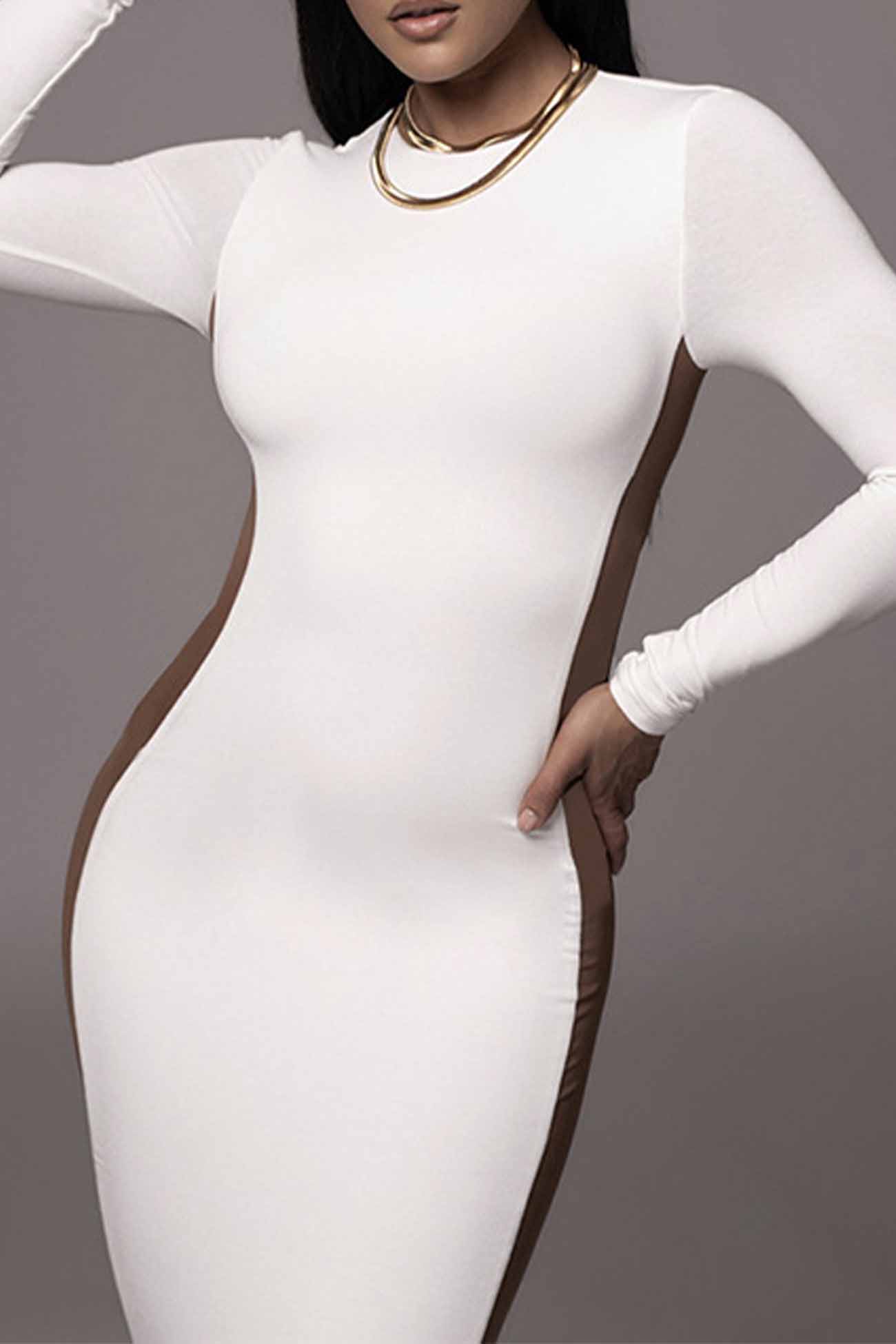 Contrast Crew Neck Long Sleeve Slit Midi Dress