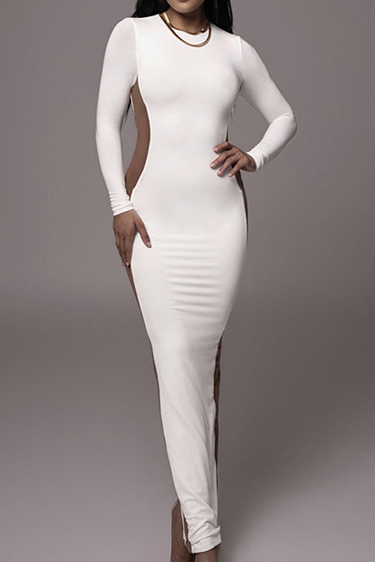 Contrast Crew Neck Long Sleeve Slit Midi Dress