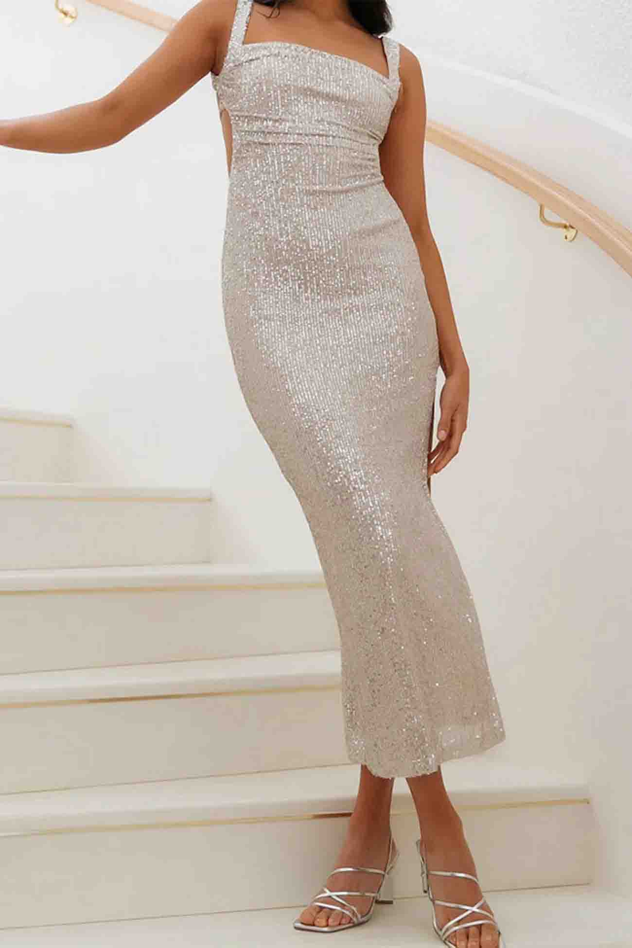 Sequined Irregular Backless Strap Dress