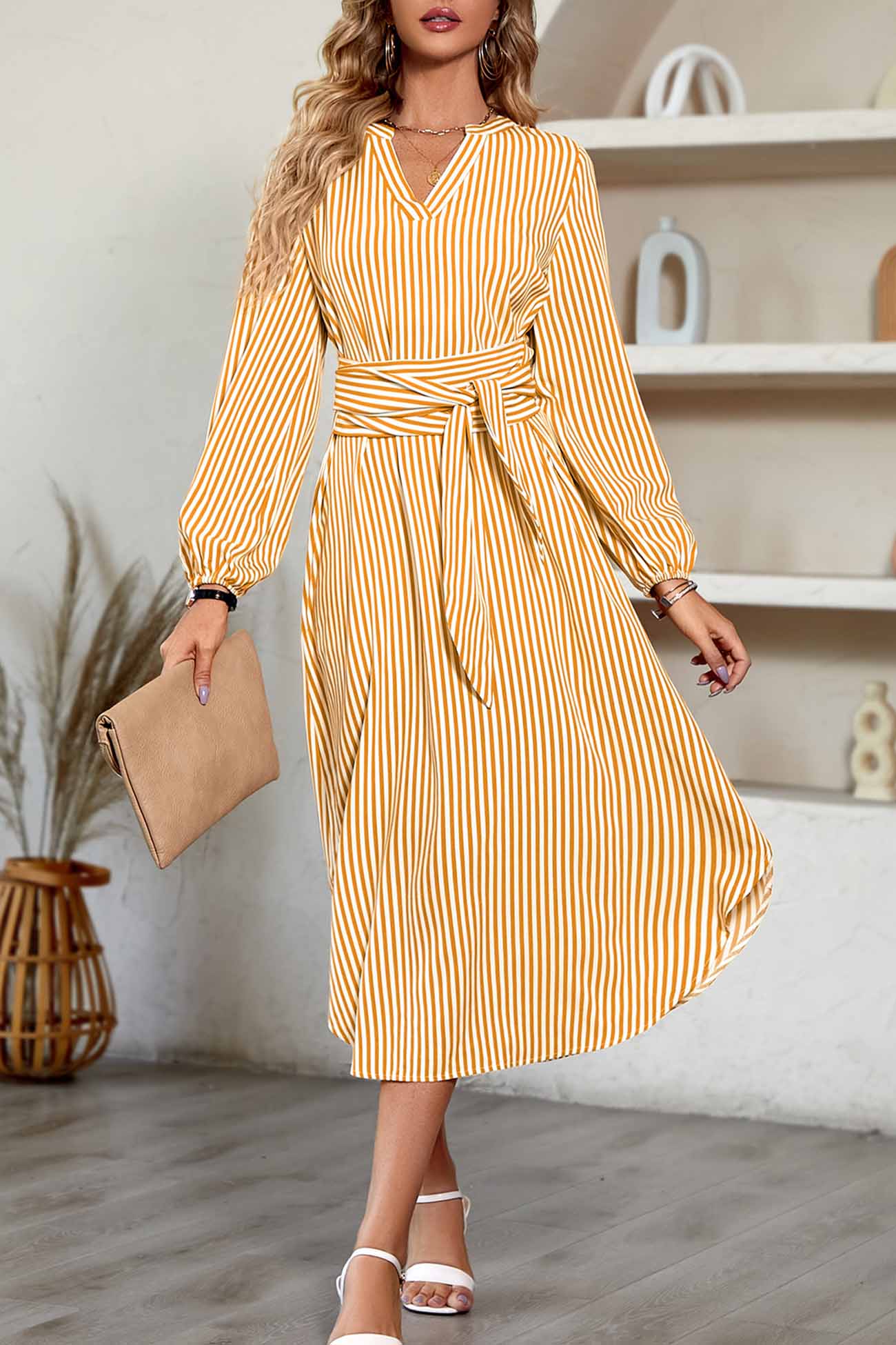 V Neck Striped Tie Waist Long Sleeve Midi Dress