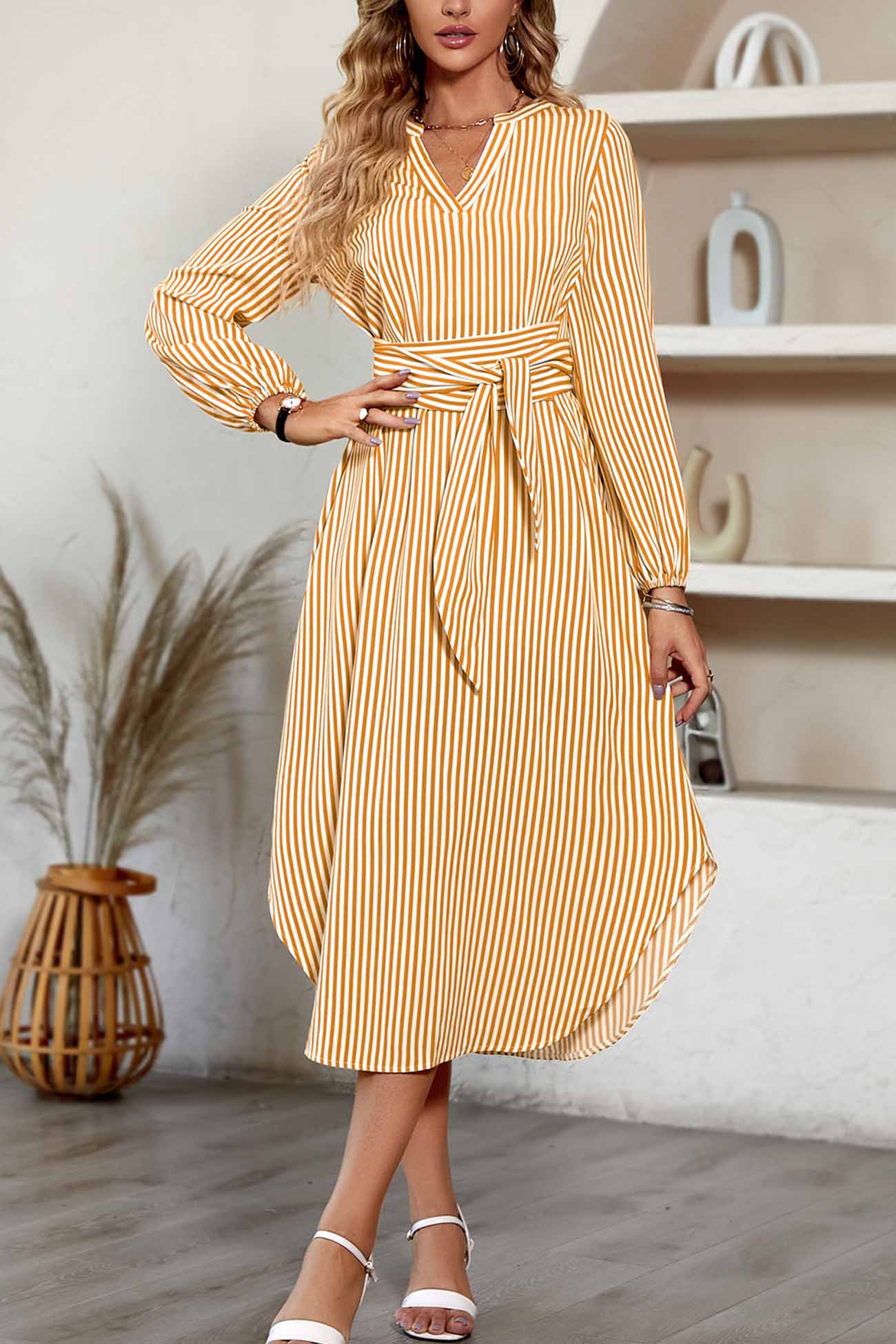 V Neck Striped Tie Waist Long Sleeve Midi Dress