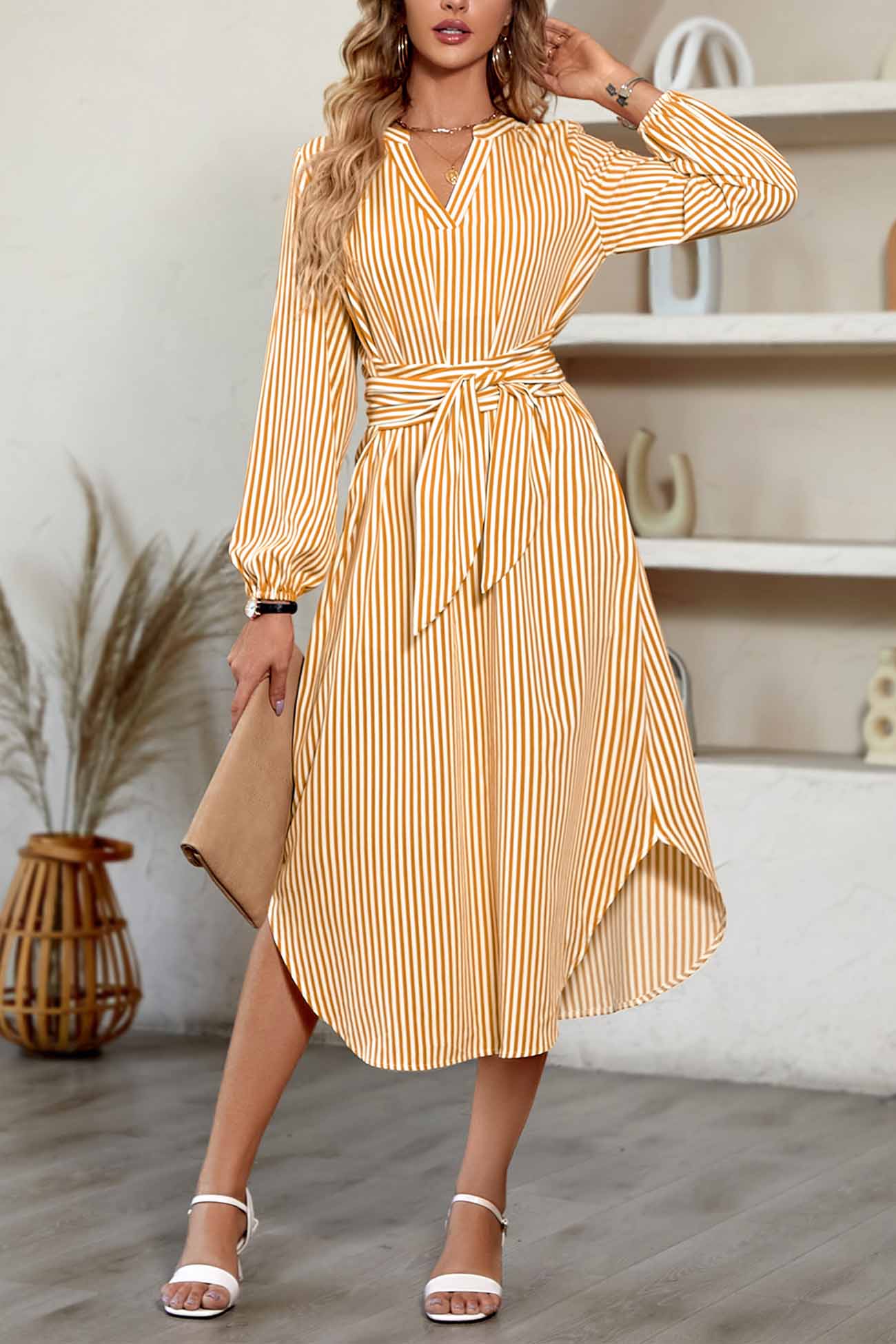 V Neck Striped Tie Waist Long Sleeve Midi Dress