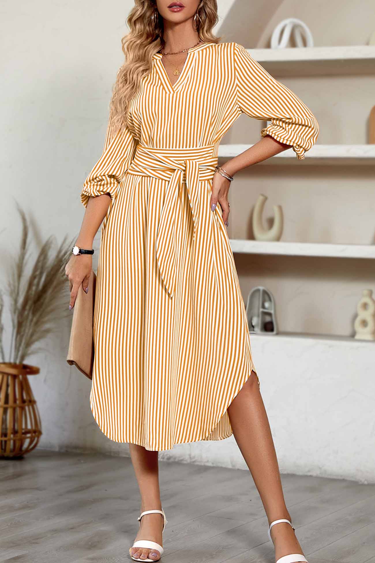 V Neck Striped Tie Waist Long Sleeve Midi Dress