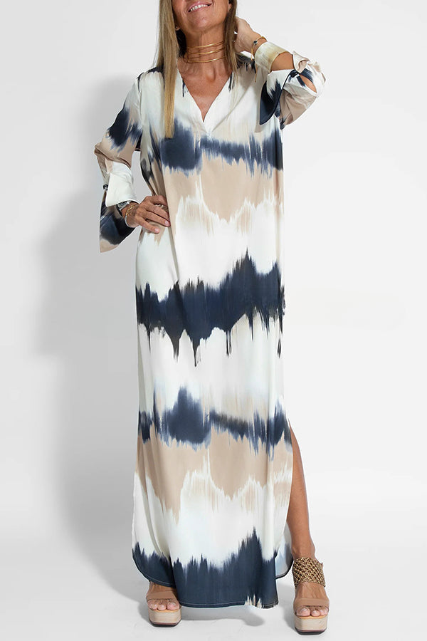 Tie Dye V Neck Pullover Long Sleeve Maxi Dress