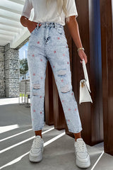 Jeanne Star Print High Rise Distressed Slim Straight Denim