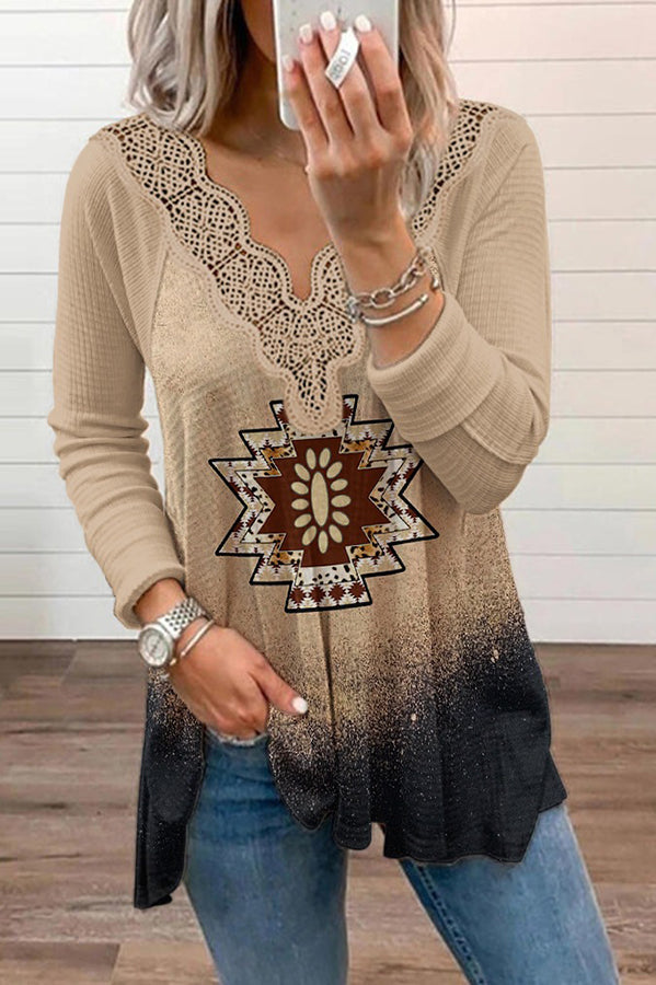 Mexican Past Hippie Ethnic Print Lace Trim Stretch T-shirt