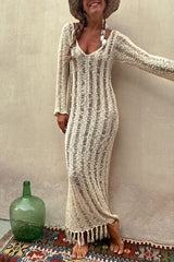 Somewhere Sunny Hollow Out Tassel Long Sleeve Knit Beach Maxi Dress