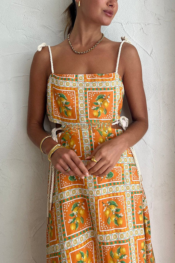 Orange Summer Printed Linen Blend Cutout Tie-up Design Maxi Dress