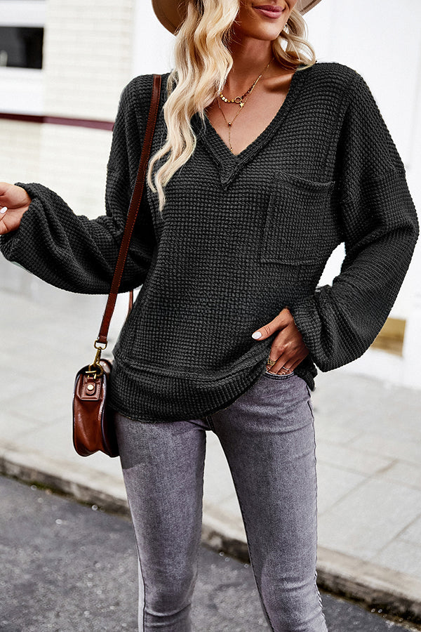 Snao V Neck Knitted Patchwork Pocket Long Sleeve Top