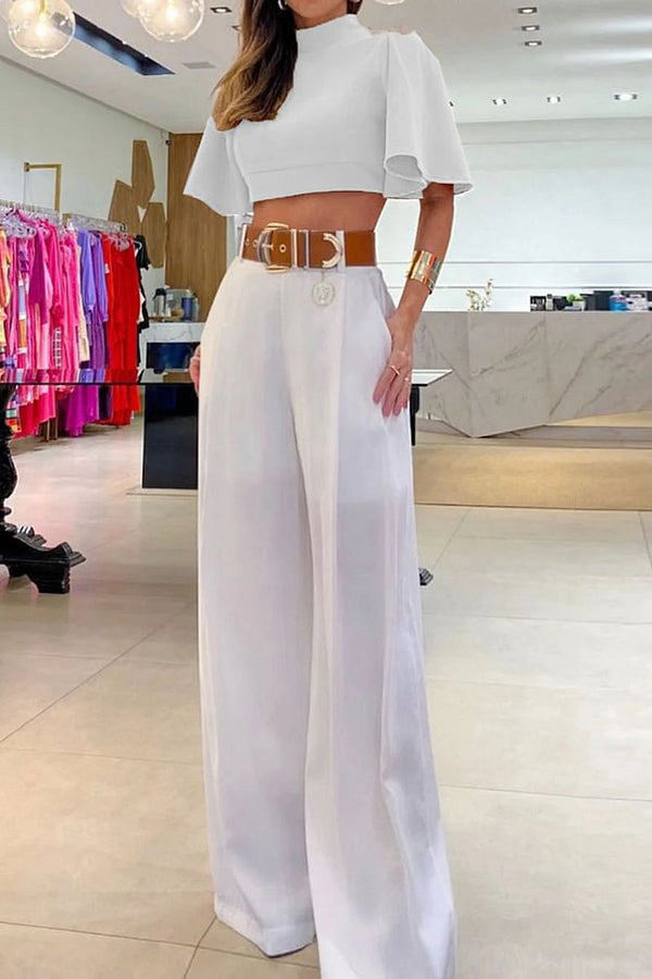 Natti Bell Sleeve Crop Top and Pocketed Wide Leg Pants Set