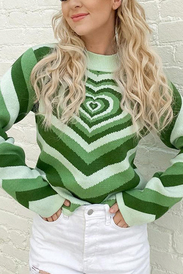 Color Block Multicolor Heart Shape Pullover Long Sleeve Sweater