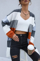 Casual Knitted Color Blocked Long Sleeved Cardigan