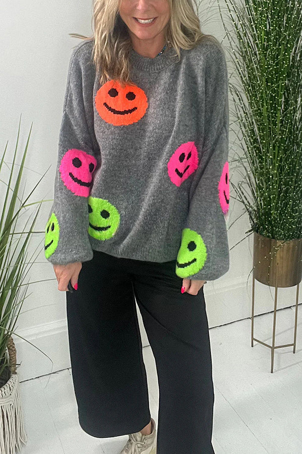 Smiley Face Knit Dropped Shoulders Loose Pullover Sweater