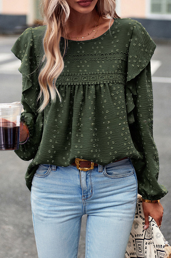 Textured Lace Fabric Ruffle Long Sleeve Blouse