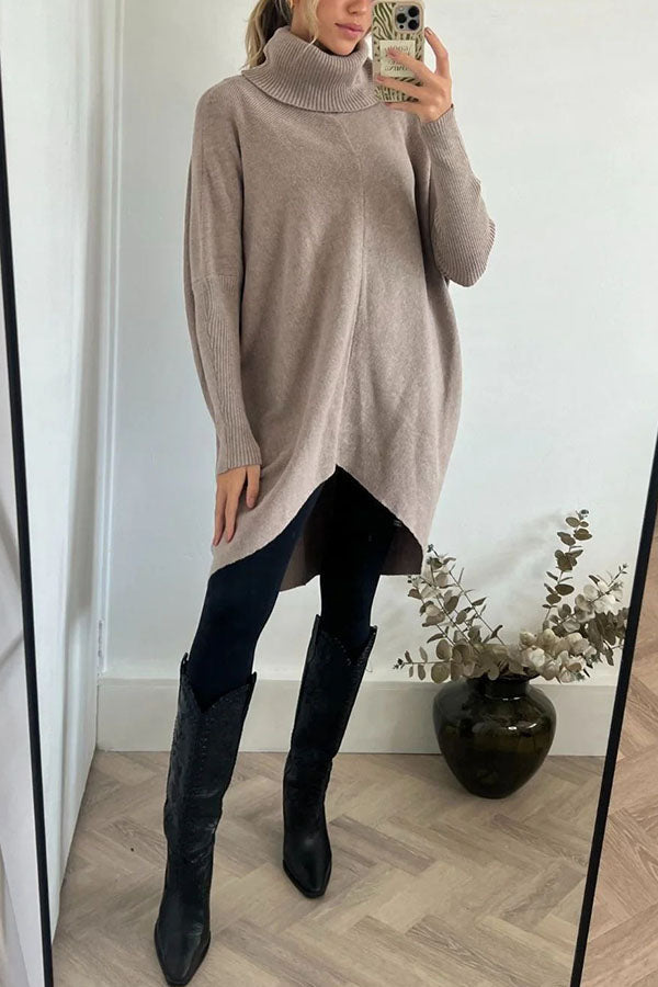 Perfect  Winter Walks Knit Turtleneck High-low Hem Loose Midi Sweater