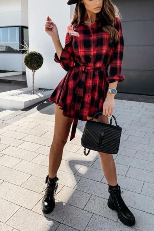 V Neck Plaid Shirt Dress