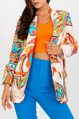 Multicolor Graphic Print Lapel Long Sleeve Blazer