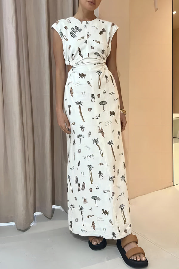 Round Neck Unique Printed Cutout Elastic Waist Short Sleeve Maxi Dress