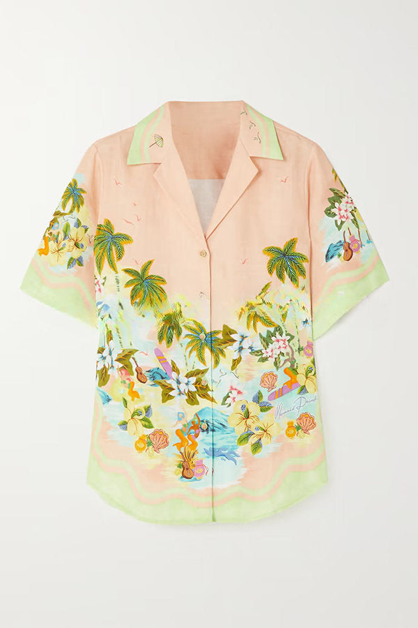 Coconut Scenery Linen Blend Tropical Print Blouse and Elastic Waist Pocketed Shorts Set