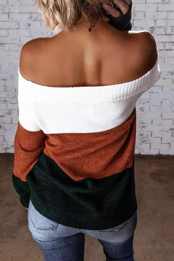 Lovely Chill Color Block Off Shoulder Sweater