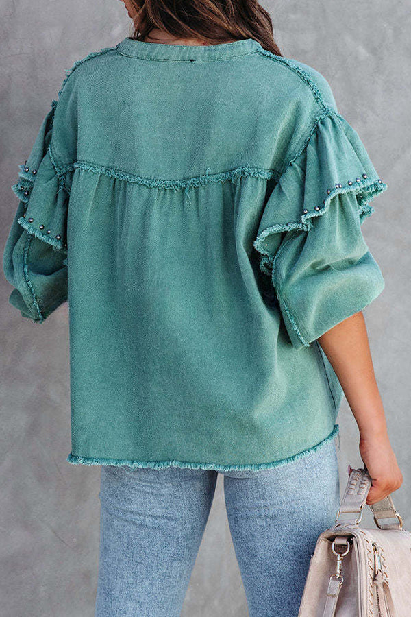 Balloon Sleeve Oversized Denim Shirt