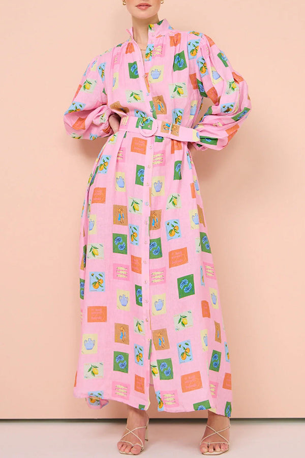 Vacation Essential  Emblem Print Balloon Sleeve Belted Shirt Maxi Dress