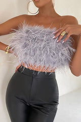 Fancy Night Out Off Shoulder Feather Crop Top