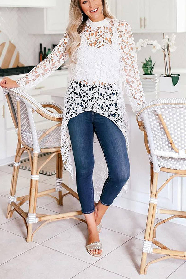 White Crochet Lace Cutout Long Sleeve  Top