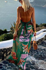 Hidden Paradise Tropical Printed Cross Over Halter Backless Maxi Dress