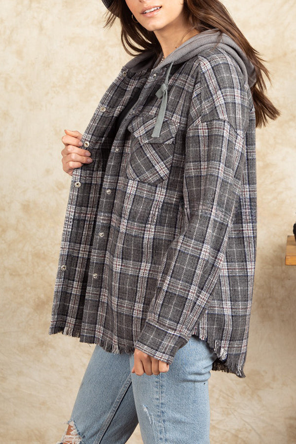 Hoiud Large Pocket Single Breasted Hooded Plaid Shirt