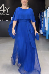 Time for A Toast Tulle Cape Bat Sleeves Pleated Tie Up Maxi Dress