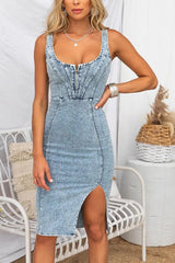 This Seasons Staple Denim Adjustable Straps Zip-up Firm Stretch Midi Dress