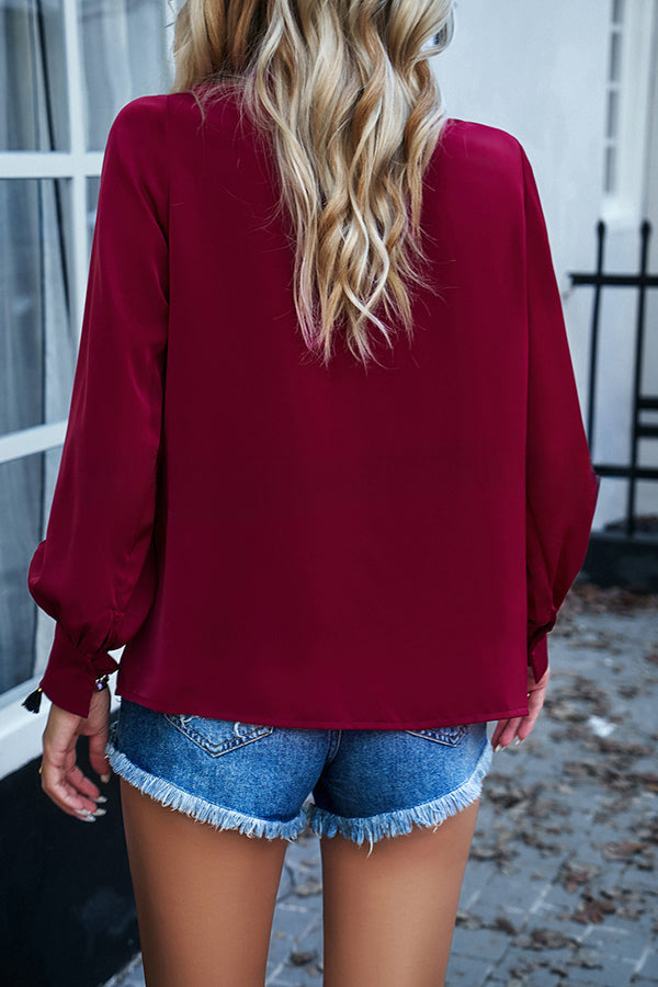 Elegant Round Neck Pleated Long Sleeve Solid Color Top