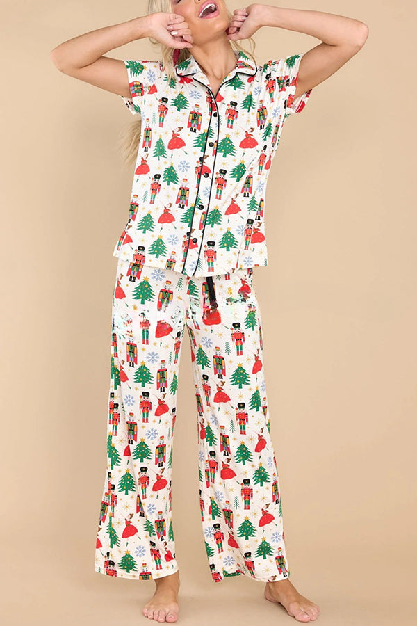 Dancing Holiday Nutcracker Print Elastic Waist Pocketed Pajama Set