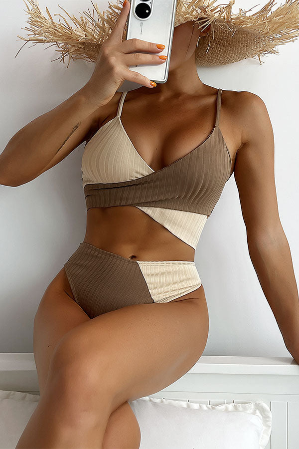 Color Block Thick Pit Strip Cross Strap High Waist Bikini