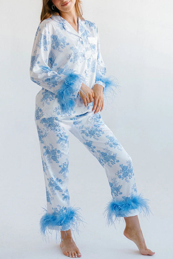 Sweet Daydreamer Floral Printed Feather Trim Elastic Waist Pocketed Pajama Set