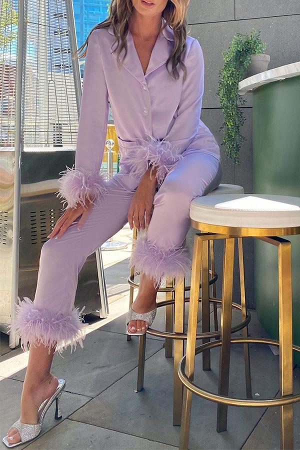 Solid Color Lapel Feather Trousers Two-piece Suit