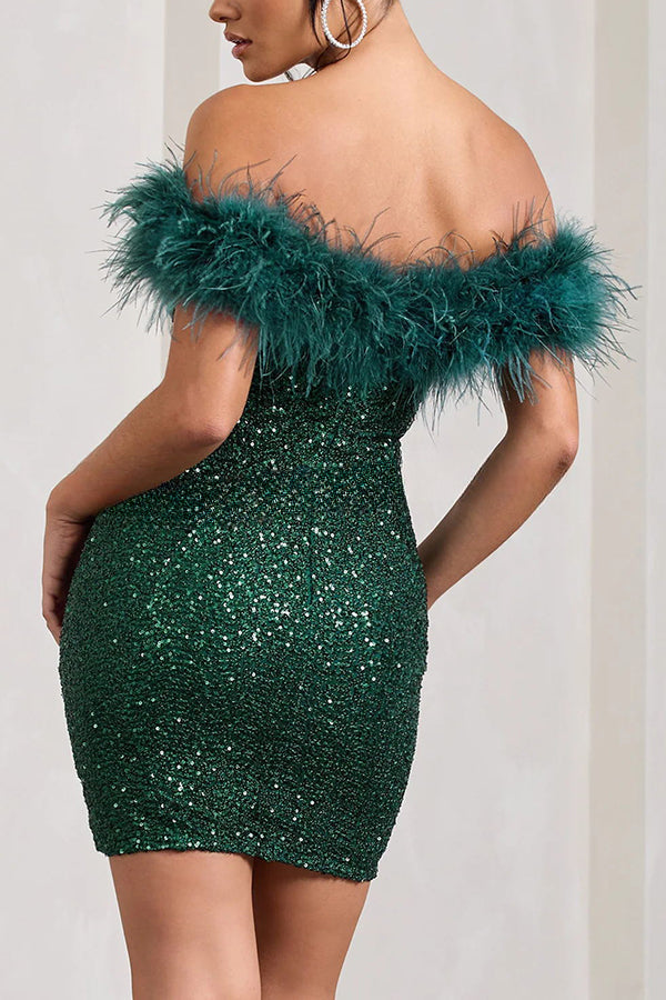 It's Show Biz Sequin Feather Trim Bodycon Mini Dress