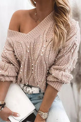 Too Elegant V Neck Pullover Beaded Long Sleeve Sweater