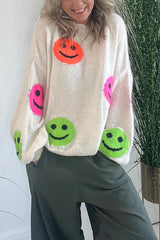 Smiley Face Knit Dropped Shoulders Loose Pullover Sweater