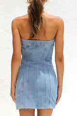 Sleeveless Backless Wrapped Bust Concealed Zip Denim Mini Dress