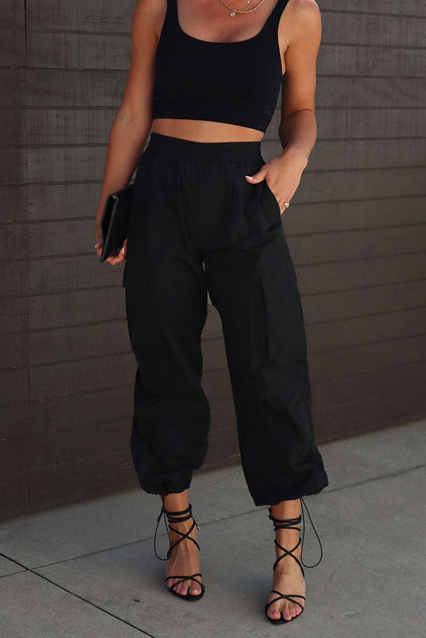 Rewind Nylon Elastic Waist Pocketed Cargo Pants