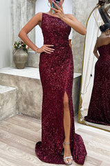 Let The Banquet Begin Sequin Off Shoulder Side Ruched Slit Maxi Dress