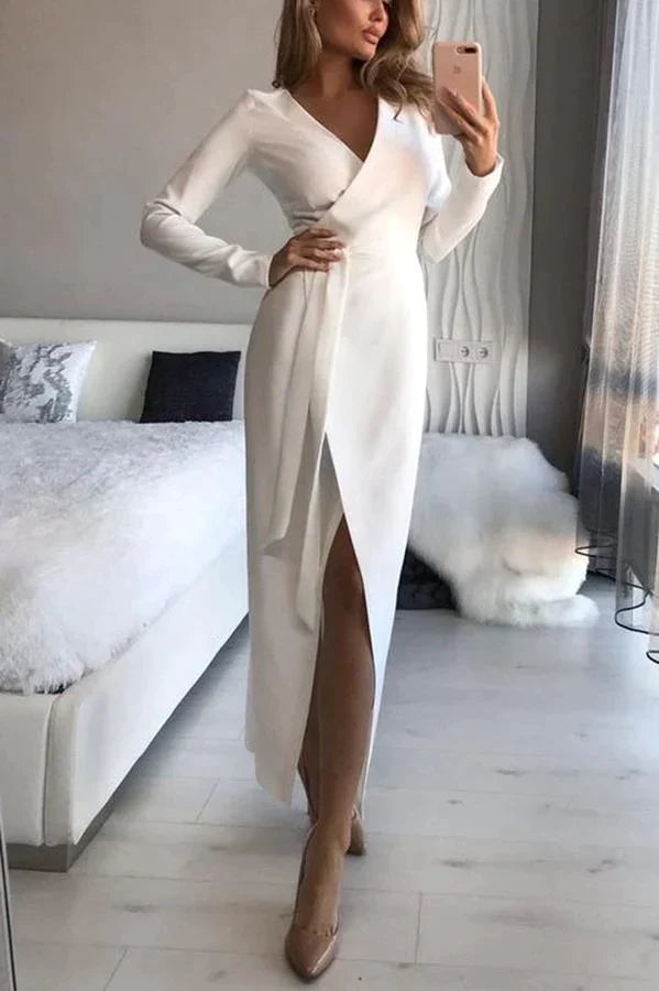 Troy Wrap Long Sleeve Collarless Maxi Dress