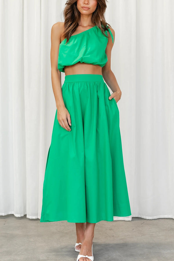 Chasing Sunshine Tie One Shoulder Pocketed Midi Skirt Set