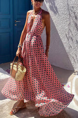 Vacay Mood Polka Dots Print Back Lace-up Swing Maxi Dress