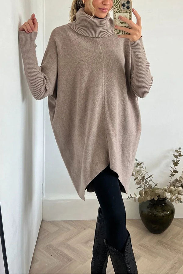 Perfect  Winter Walks Knit Turtleneck High-low Hem Loose Midi Sweater